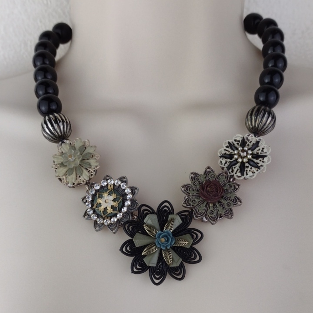 Vintage Mixed Metal Highly Crafted Varied Flower Pendants Black Bead Necklace